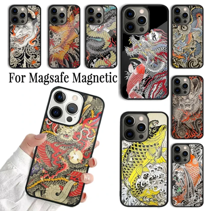 Coque Phone Case For iPhone 16 15 14 13 12 11 Pro Max Plus Magsafe Magnetic Wireless Charging Cover Tattoo Japanese Koi Dragon - Image 1