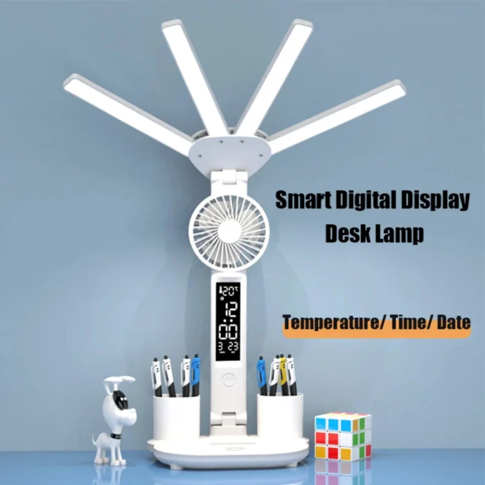 3in1 Multifunction Table Lamp LED Four-headed Folding With Fan Calendar Clock USB Rechargeable Desk light 3 color Reading Lamp - Image 1